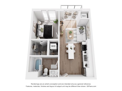 A 3D floor plan of a small apartment with a kitchen, living room, and bathroom.